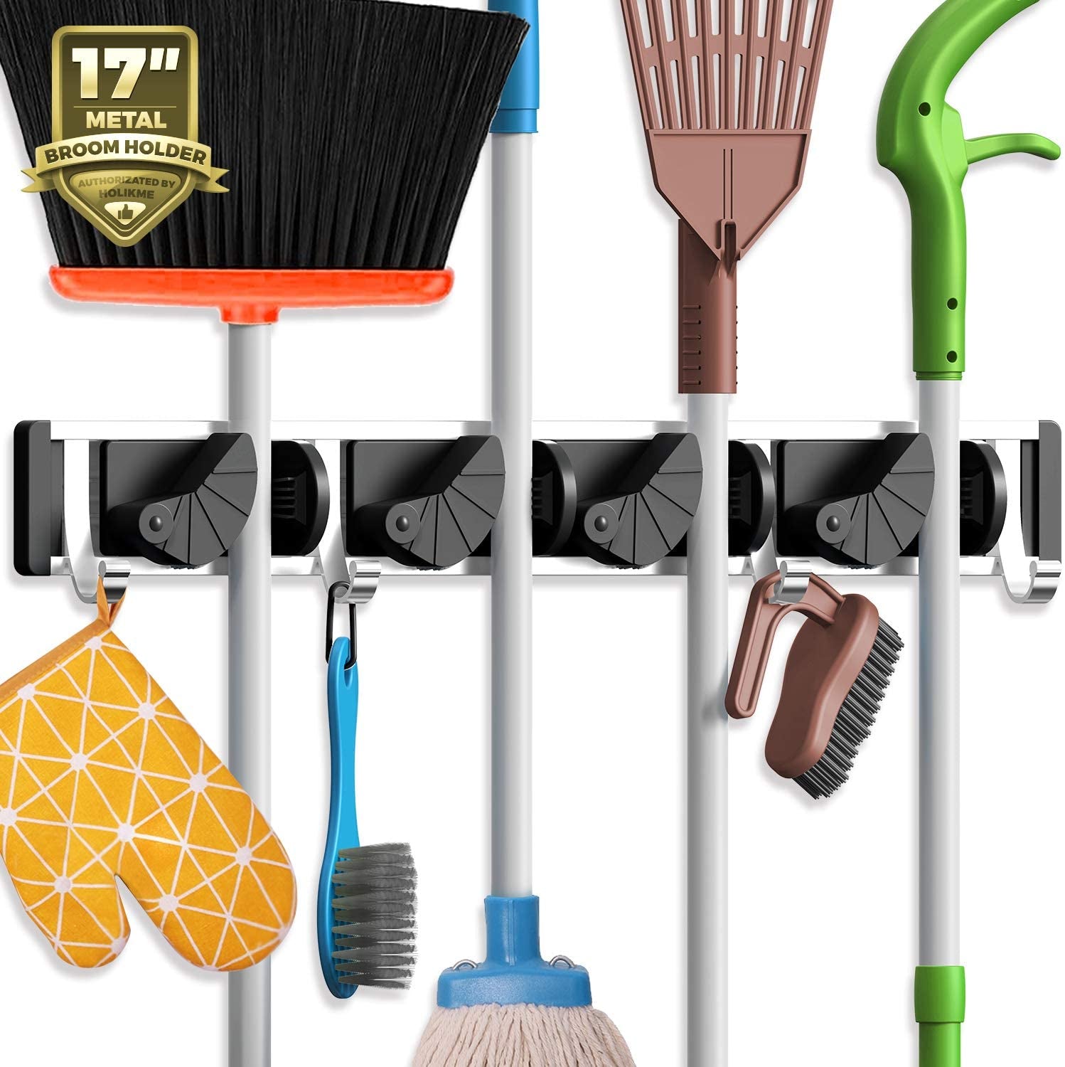 QBOSO Wall Mounted Mop And Broom Holder Stainless Steel S Type Broom Rack Anti-Slip Mop Organizer (17 Inches,4 Positions 3 Hooks, Red Black) (17inch