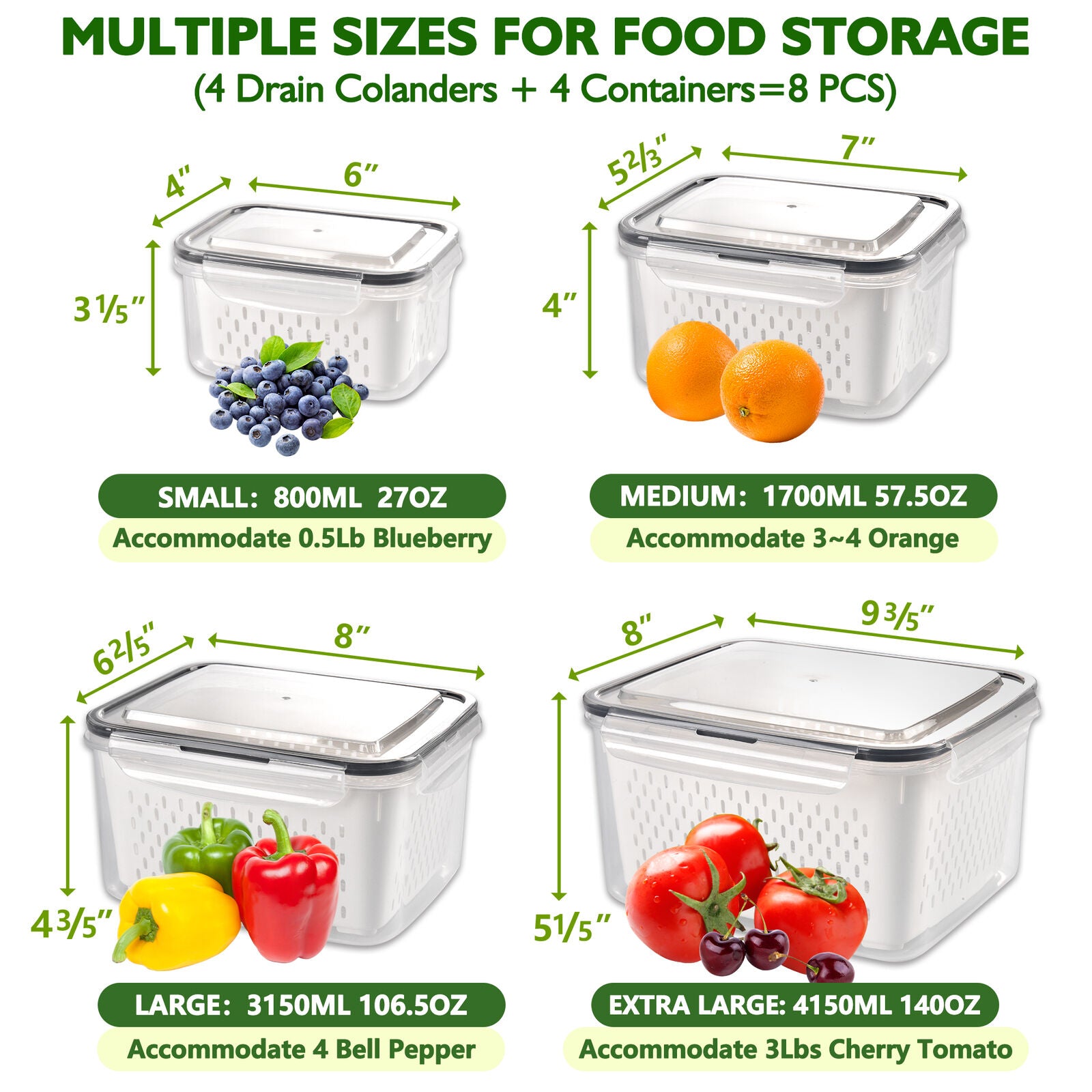 8-Pieces Fruit Vegetable Storage Containers For For Fridge With Lids & Colanders