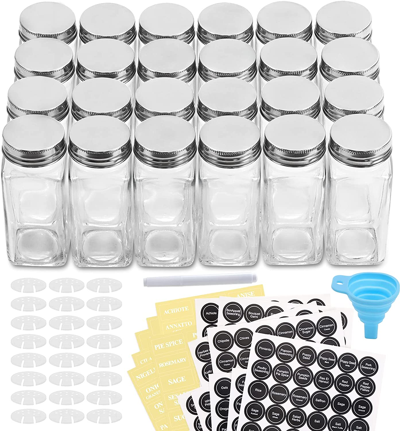  24 Pcs, 40 oz Glass Spice Jars/Bottles With Spice Labels, Shaker Lids & Airtight Metal Caps - Silicone Collapsible Funnel Included
