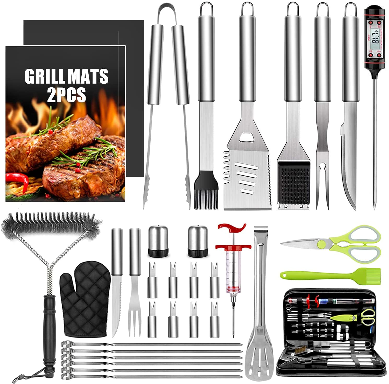 BBQ Grill Tool Set, Stainless Steel Barbecue Grilling Accessories with 7  Utensils and Carrying Case, Includes Spatula, Tongs, Knife by Home-Complete