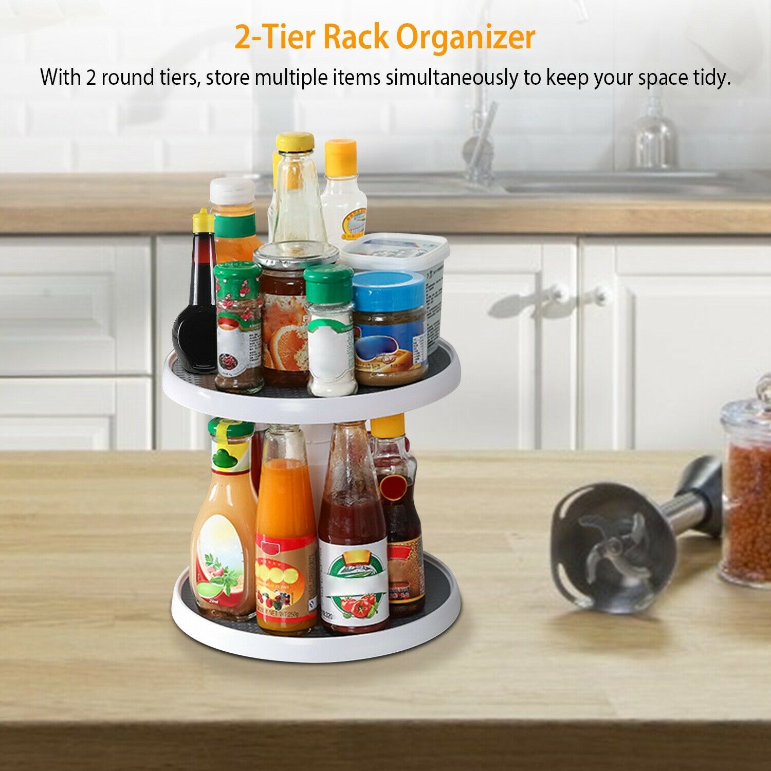 2 Tier Lazy Susan 360° Turntable, 10 inch, Adjustable Kitchen Spice Organizer Rack
