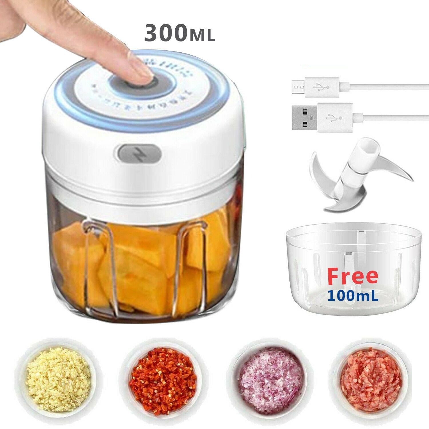 Electric 300ML Garlic Press, Meat Mincer, Blender And Mixer With 100ML Cup  Free