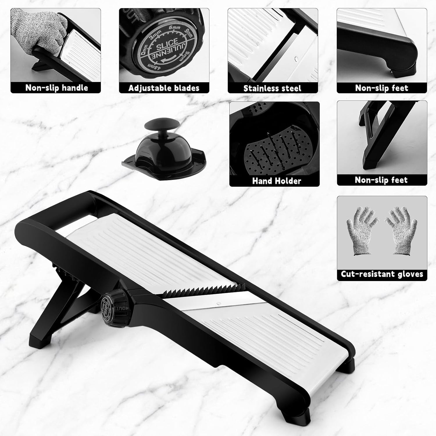 Adjustable Stainless teel Mandoline Slicer, Chopper  Julienne Cutter with Free Cut-Resistant Gloves 