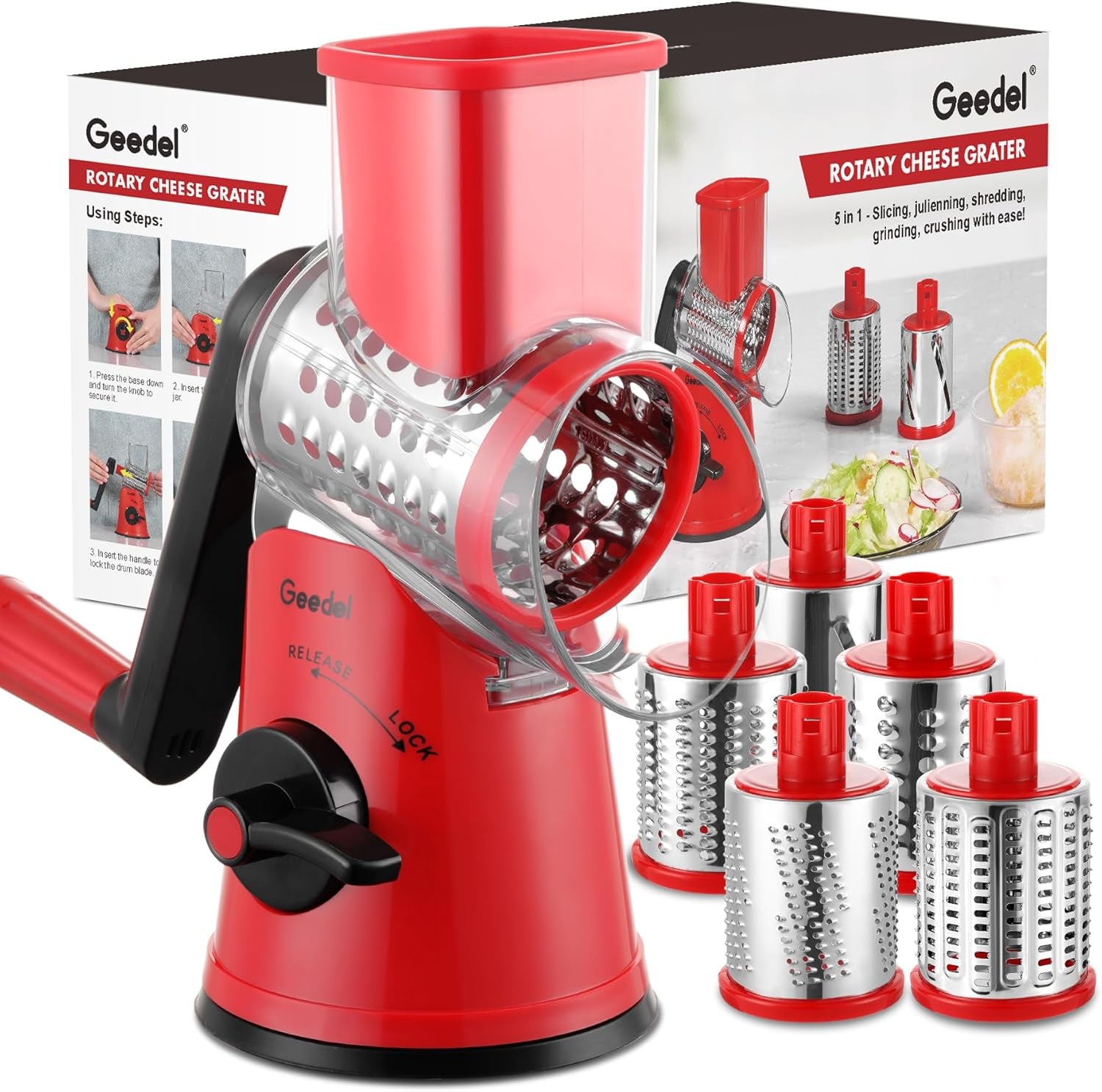 5-In-1 Cheese Grater , Multi-Purpose Vegetable Slicer, Ice Shaver, Nuts Grinder With Handle
