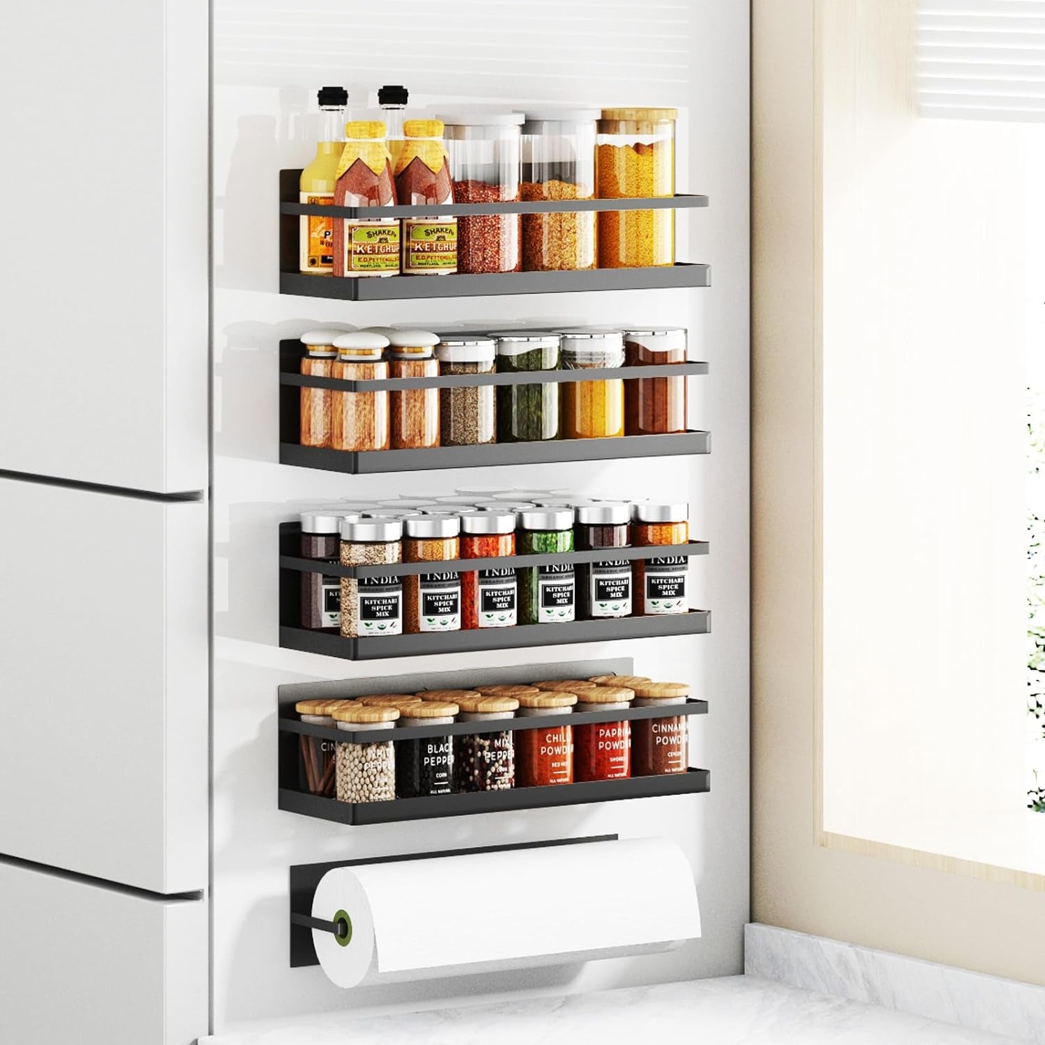 Magnetic Spice Rack, Shelf for Refrigerator or Microwave With Magnetic Paper Towel Holder-2 or 4 Pack