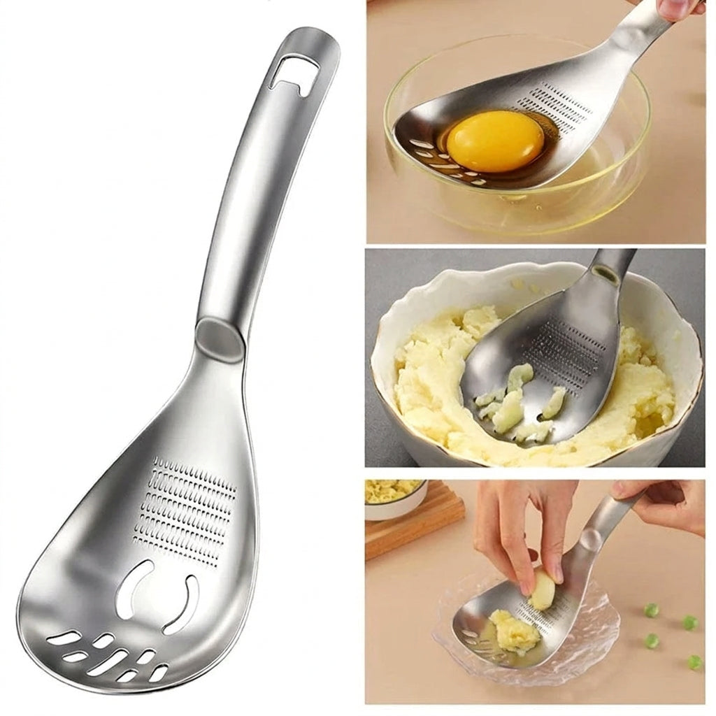 5-in-1 Stainless Steel Cooking Spoon – Garlic & Ginger Grater, Masher & Strainer