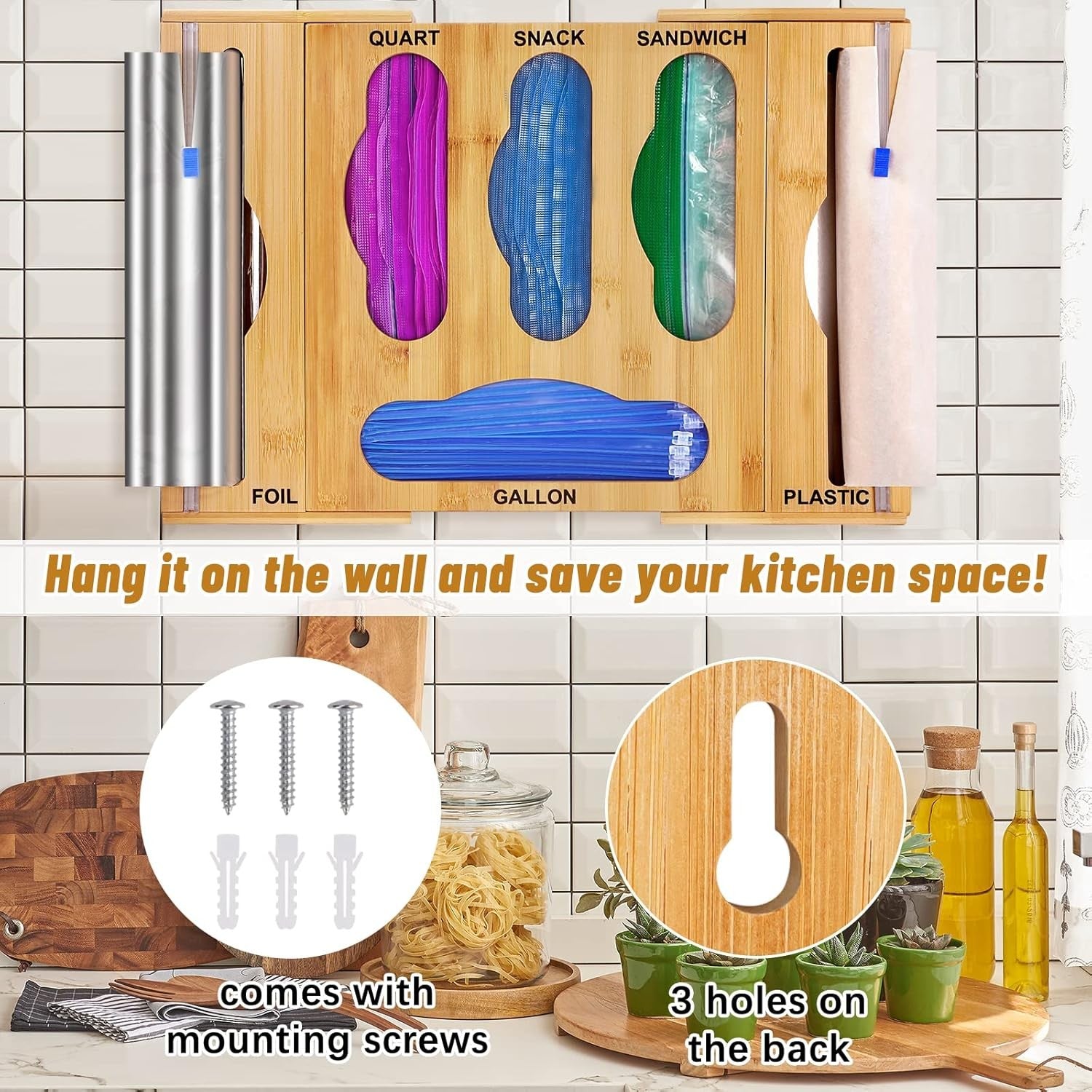Bamboo Ziplock Bag Organizer with Wrap Dispenser & Cutter – Kitchen Drawer Organizer