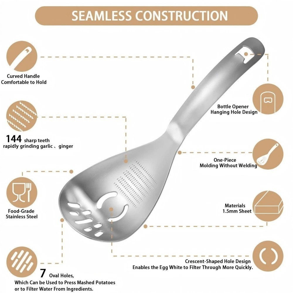5-in-1 Stainless Steel Cooking Spoon – Garlic & Ginger Grater, Masher & Strainer