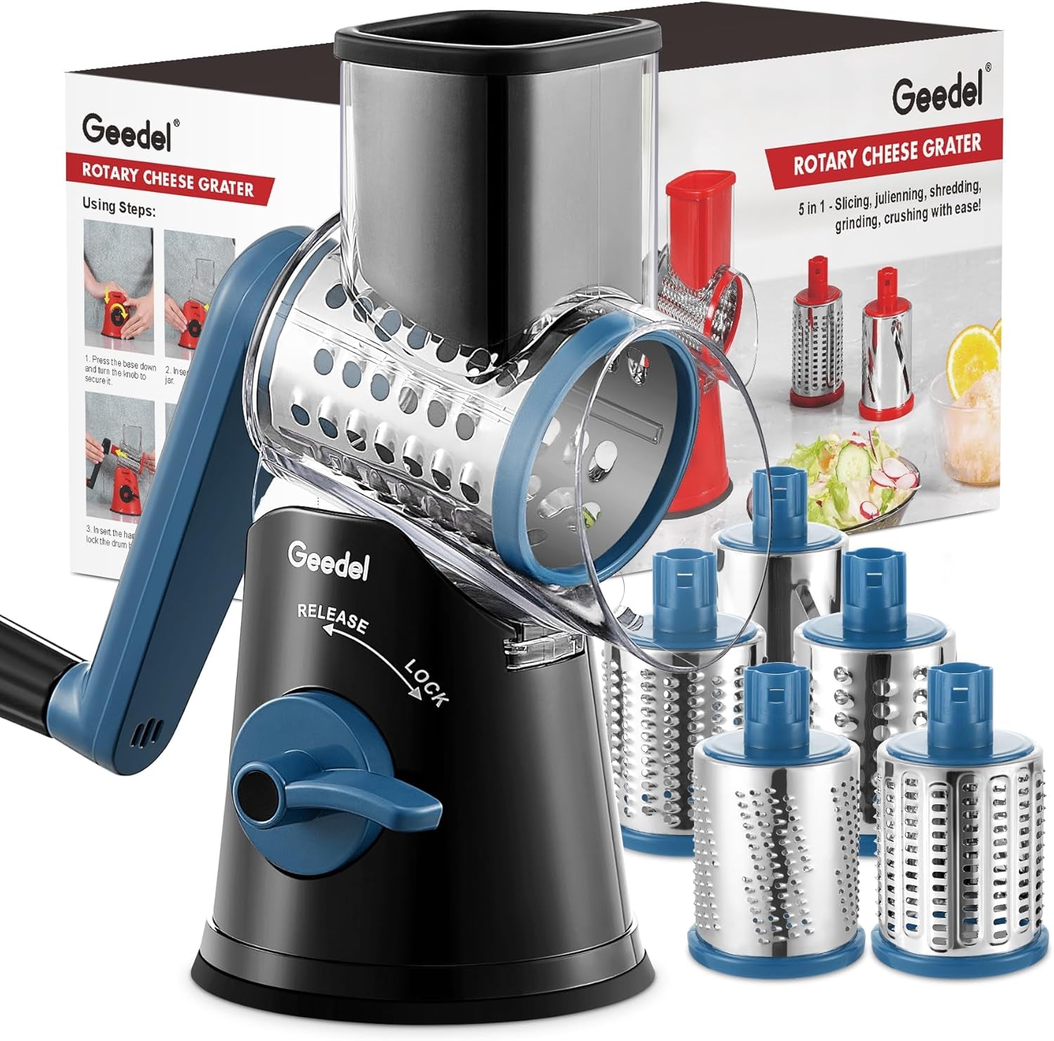 5-In-1 Cheese Grater , Multi-Purpose Vegetable Slicer, Ice Shaver, Nuts Grinder With Handle