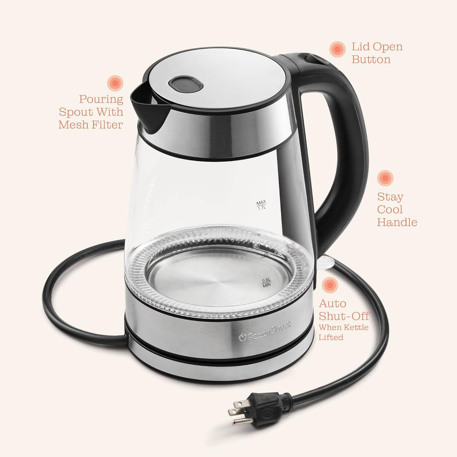 Speed-Boil Electric Kettle for Coffee & Tea - 1.7L Water Boiler 1500W
