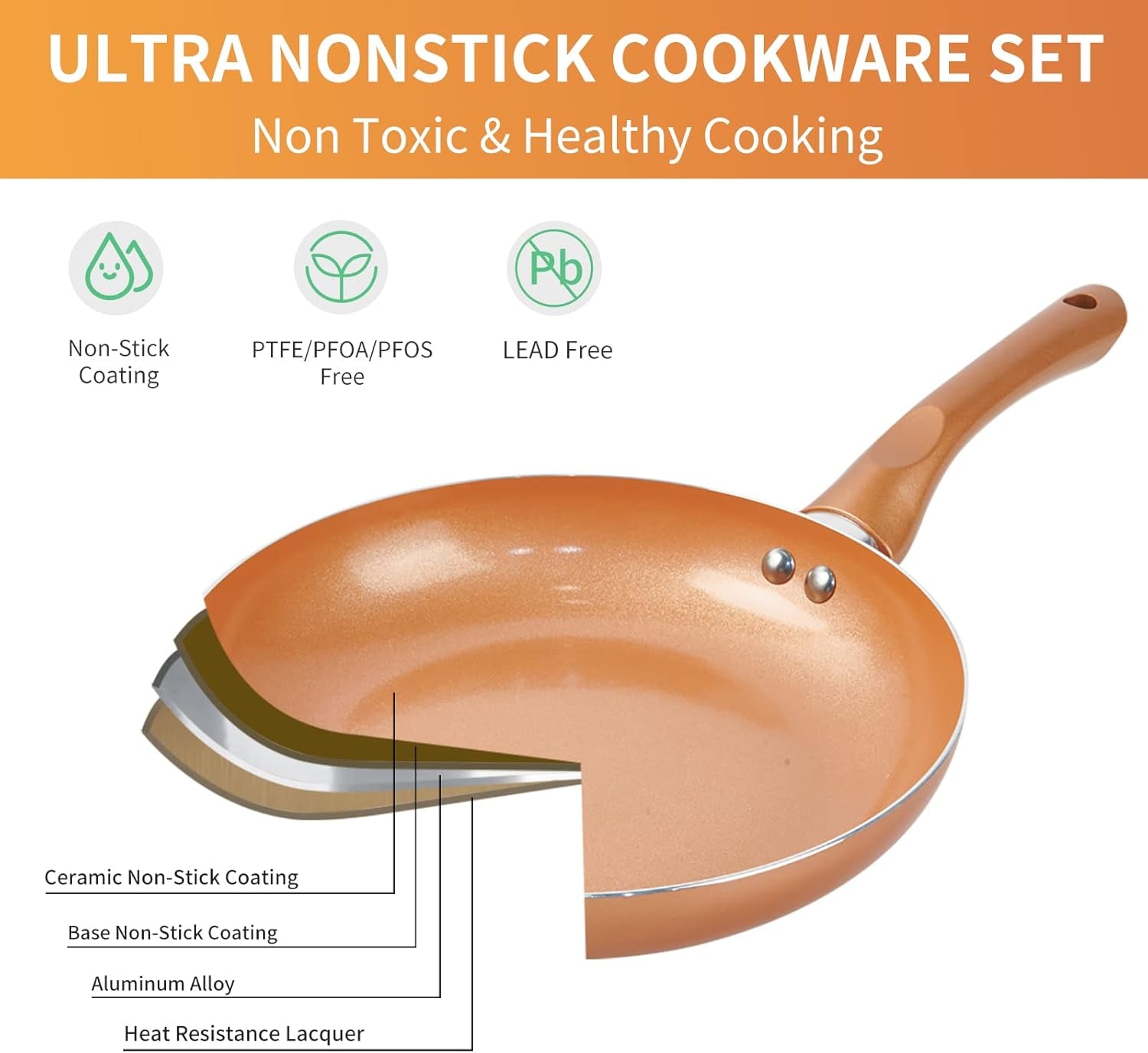 Pots and Pans Set Ultra Nonstick- 11Pcs Cookware Set, Copper with Ceramic Coating 