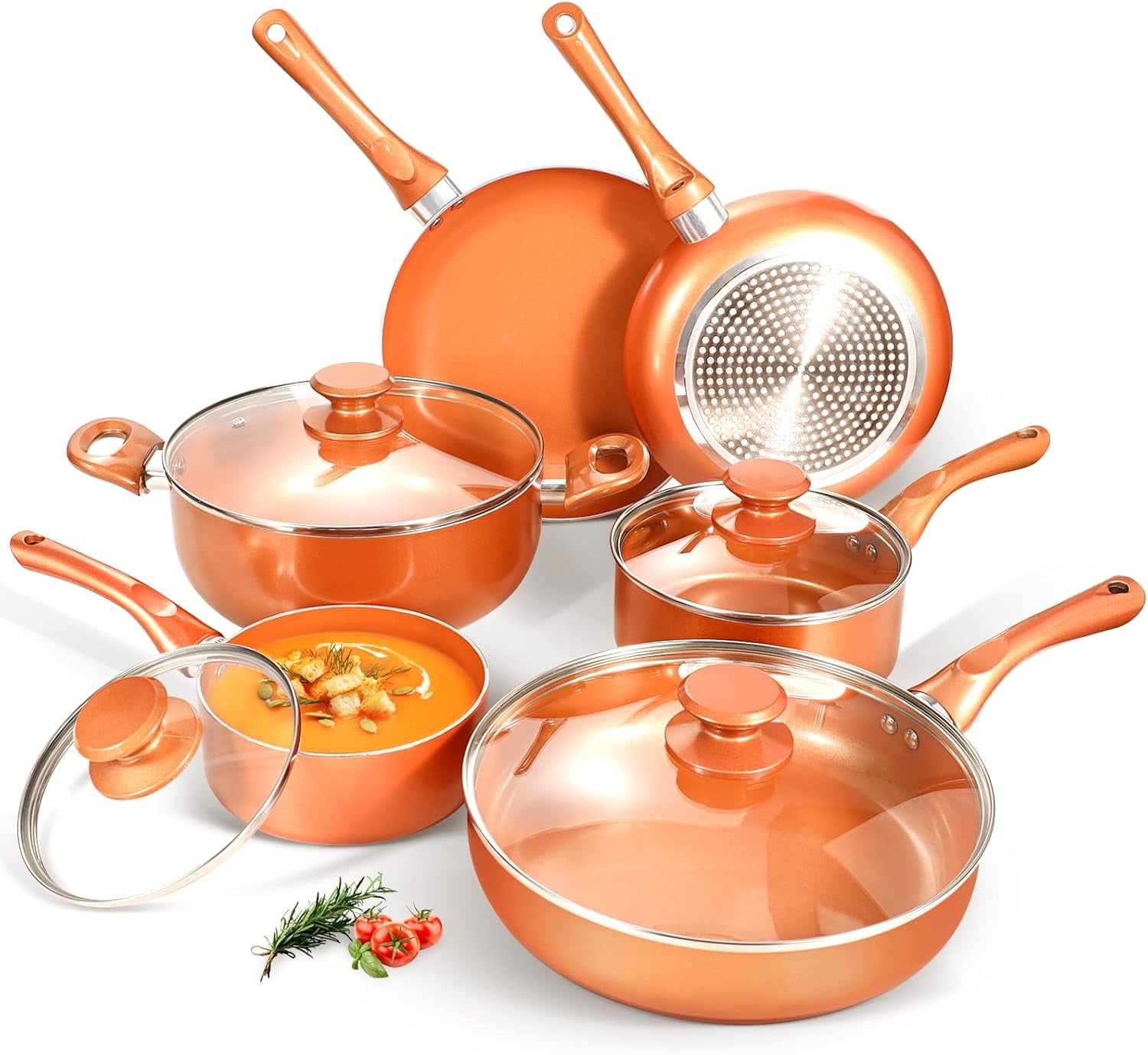 Pots and Pans Set, Cookware Set, Copper Pan Set, Nonstick Ceramic Coating, Saute Pan, Saucepan Stockpot with Lid, Fry Pan, Copper, 10Pcs