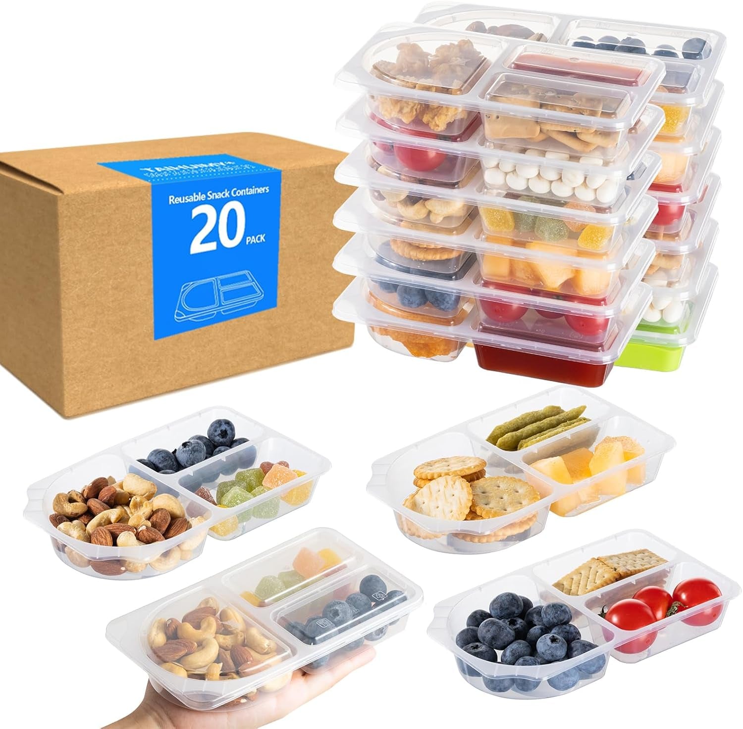 9Oz Reusable Snack Containers with Lids  with 3 Compartments