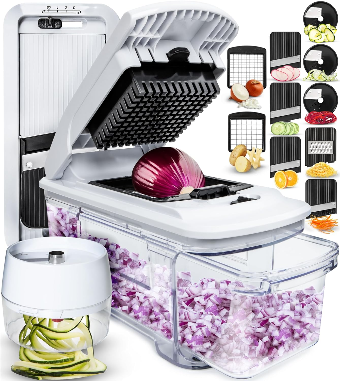 14-in-1 Vegetable Chopper & Mandoline Slicer – Onion Dicer, Cheese Grater & Spiralizer Set