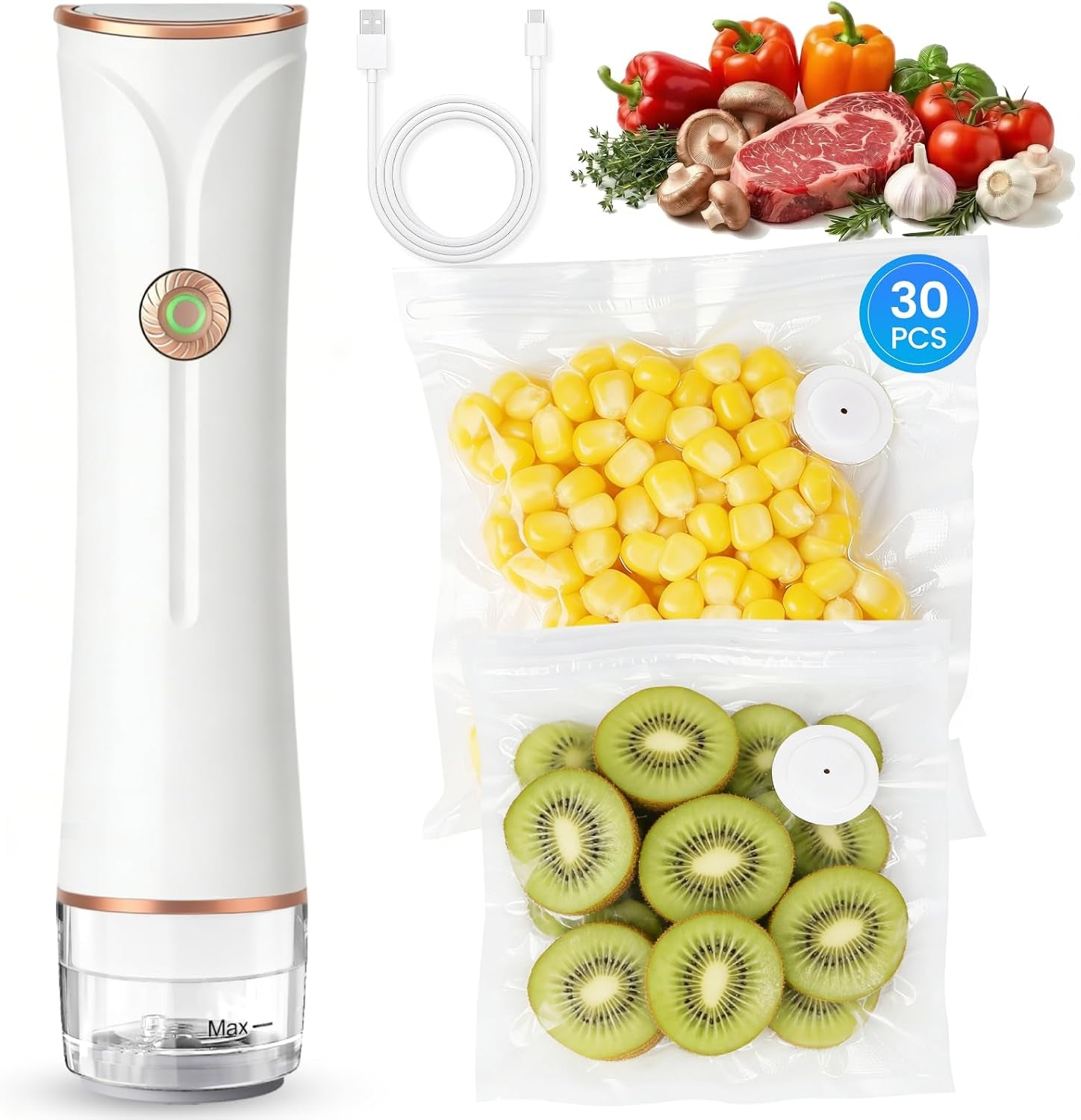 Cordless Handheld Vacuum Sealer – 60kPa Food Saver with Removable Water Tank & 30 Reusable Bags