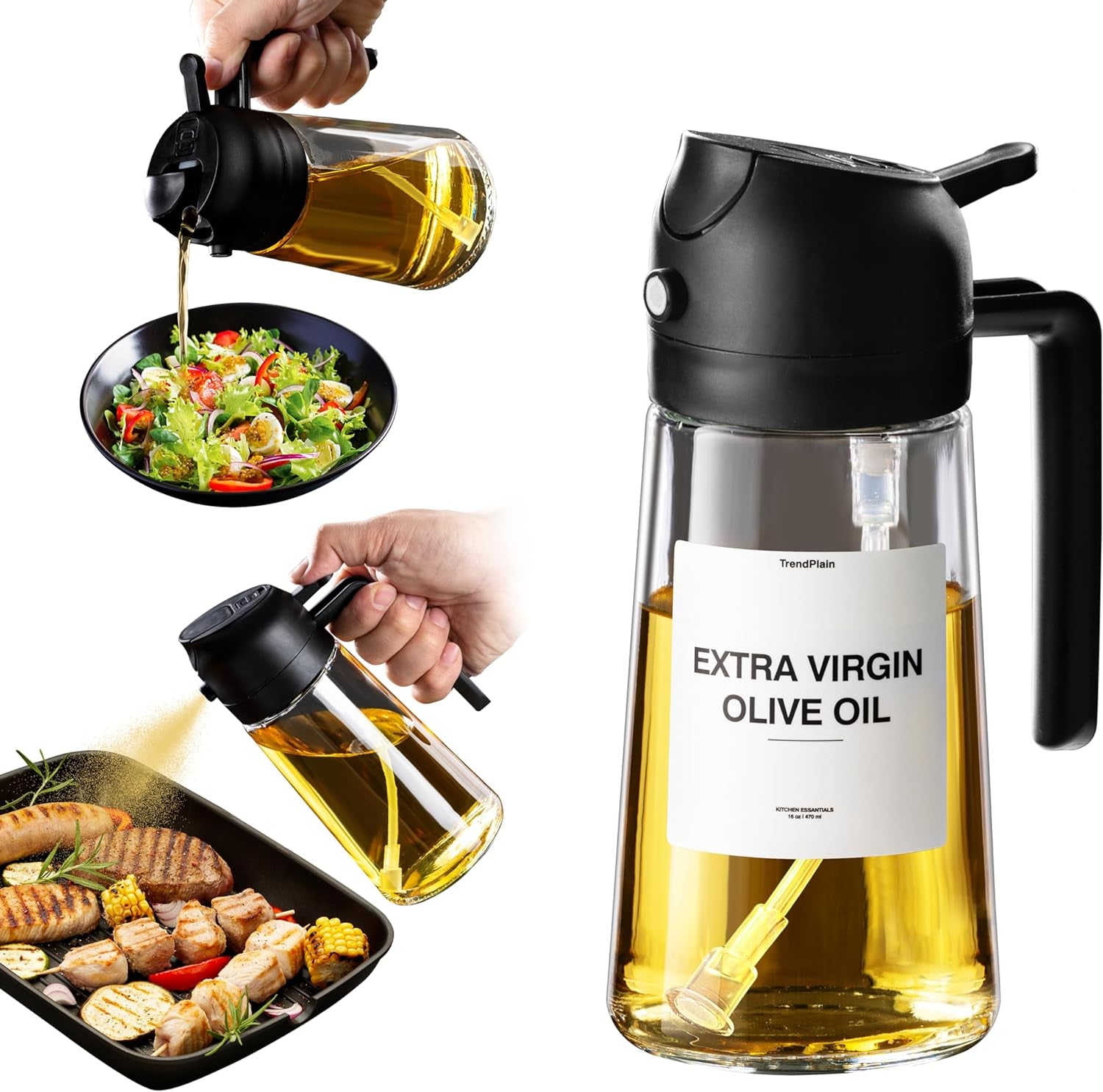16Oz Oil Dispenser Bottle for Kitchen - 2 in 1 Olive Oil Dispenser and Oil Sprayer - 470Ml Olive Oil Bottle 