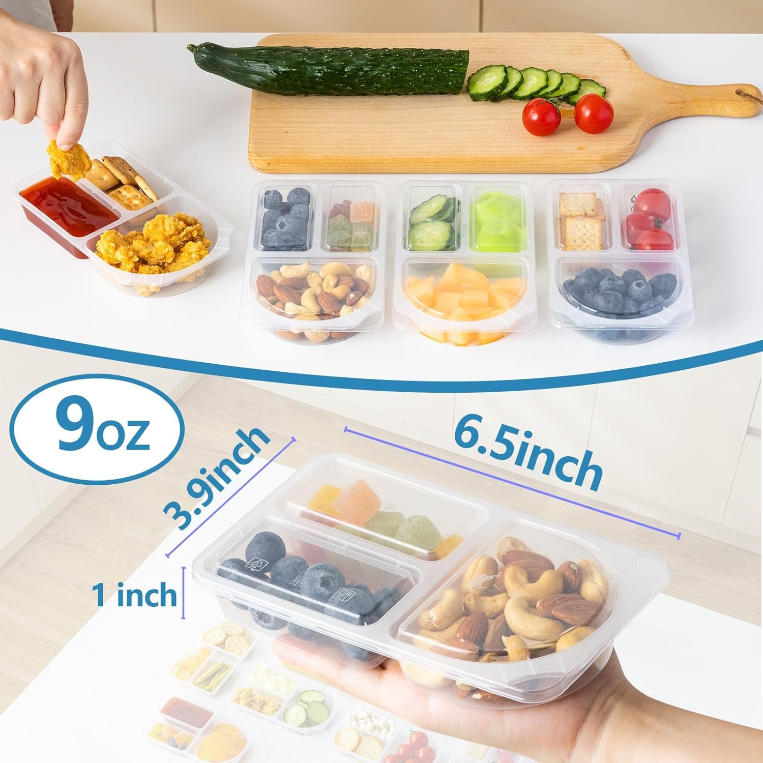 9Oz Reusable Snack Containers with Lids  with 3 Compartments