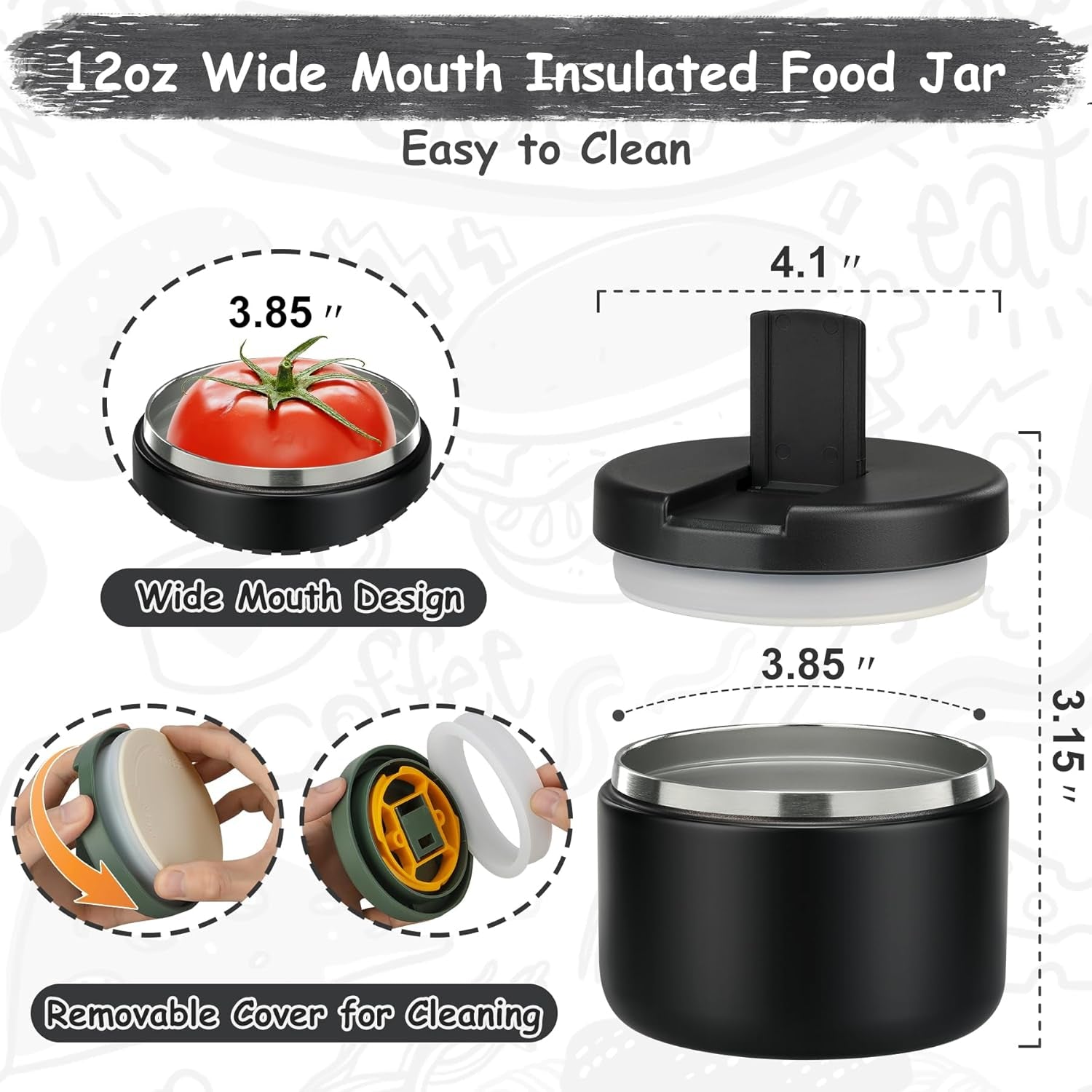 19 oz or 12 oz Insulated Vacuum Food Jar with Buckle Lid Wide Mouth Soup Thermo. Leakproof, Stainless Steel Container
