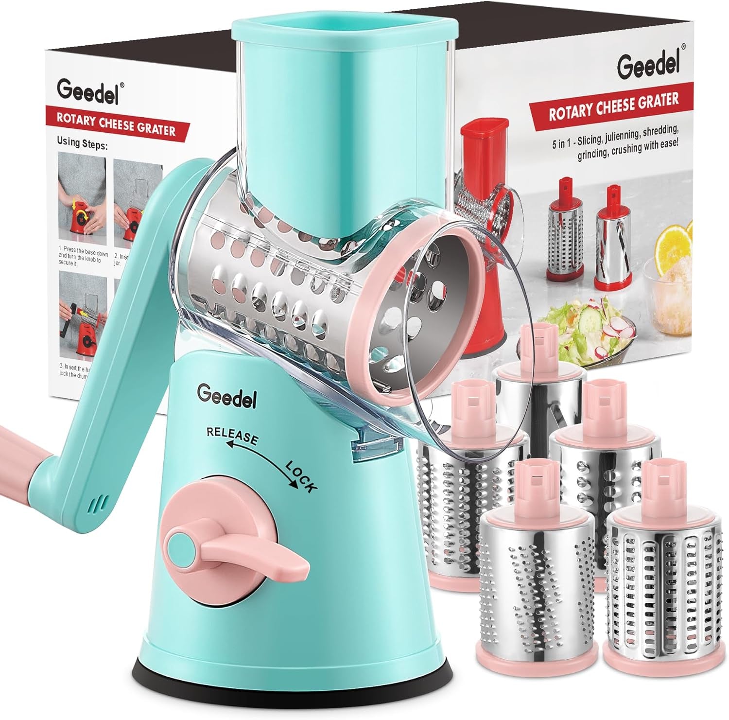 5-In-1 Cheese Grater , Multi-Purpose Vegetable Slicer, Ice Shaver, Nuts Grinder With Handle