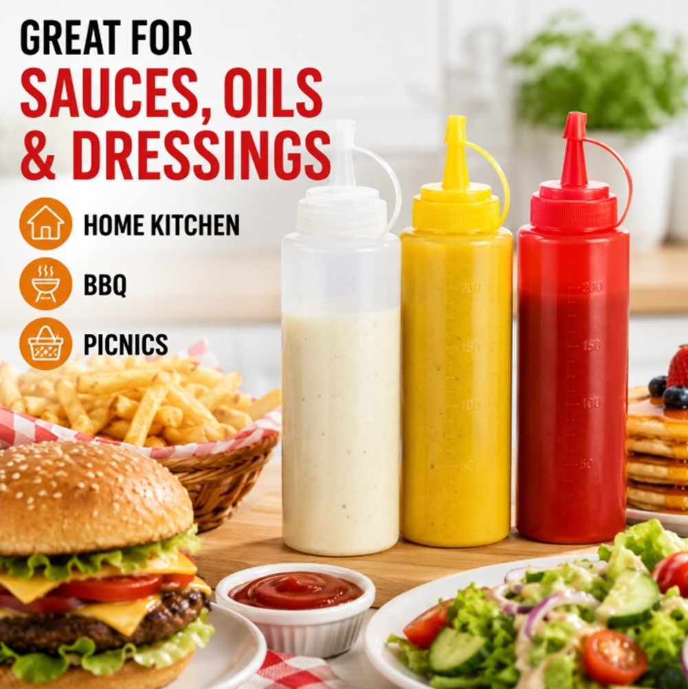 3-Pack 8 oz Condiment Squeeze Bottles with Measurement Lines