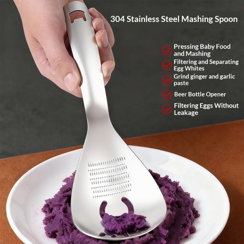 5-in-1 Stainless Steel Cooking Spoon – Garlic & Ginger Grater, Masher & Strainer