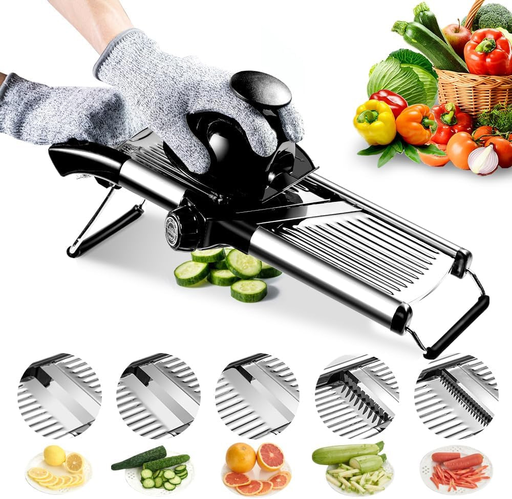 Adjustable Stainless teel Mandoline Slicer, Chopper  Julienne Cutter with Free Cut-Resistant Gloves 