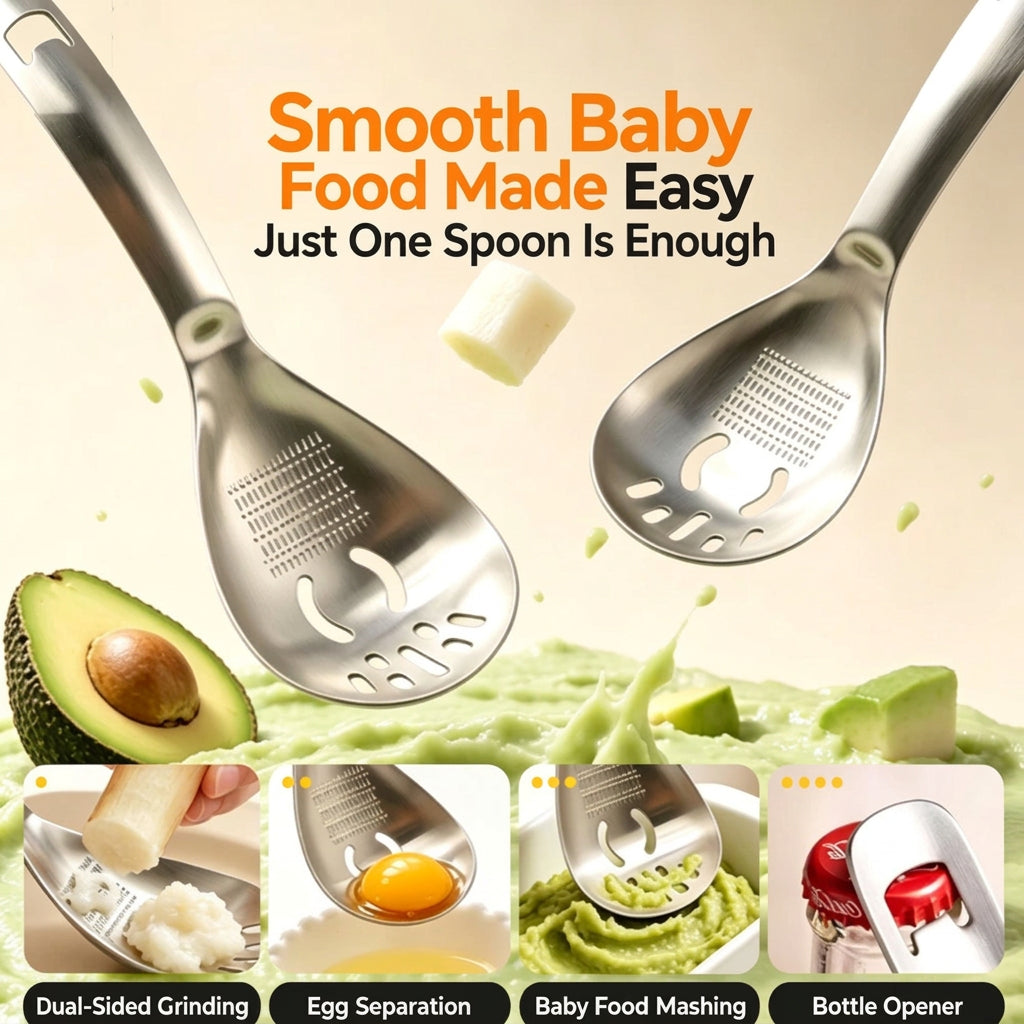 5-in-1 Stainless Steel Cooking Spoon – Garlic & Ginger Grater, Masher & Strainer