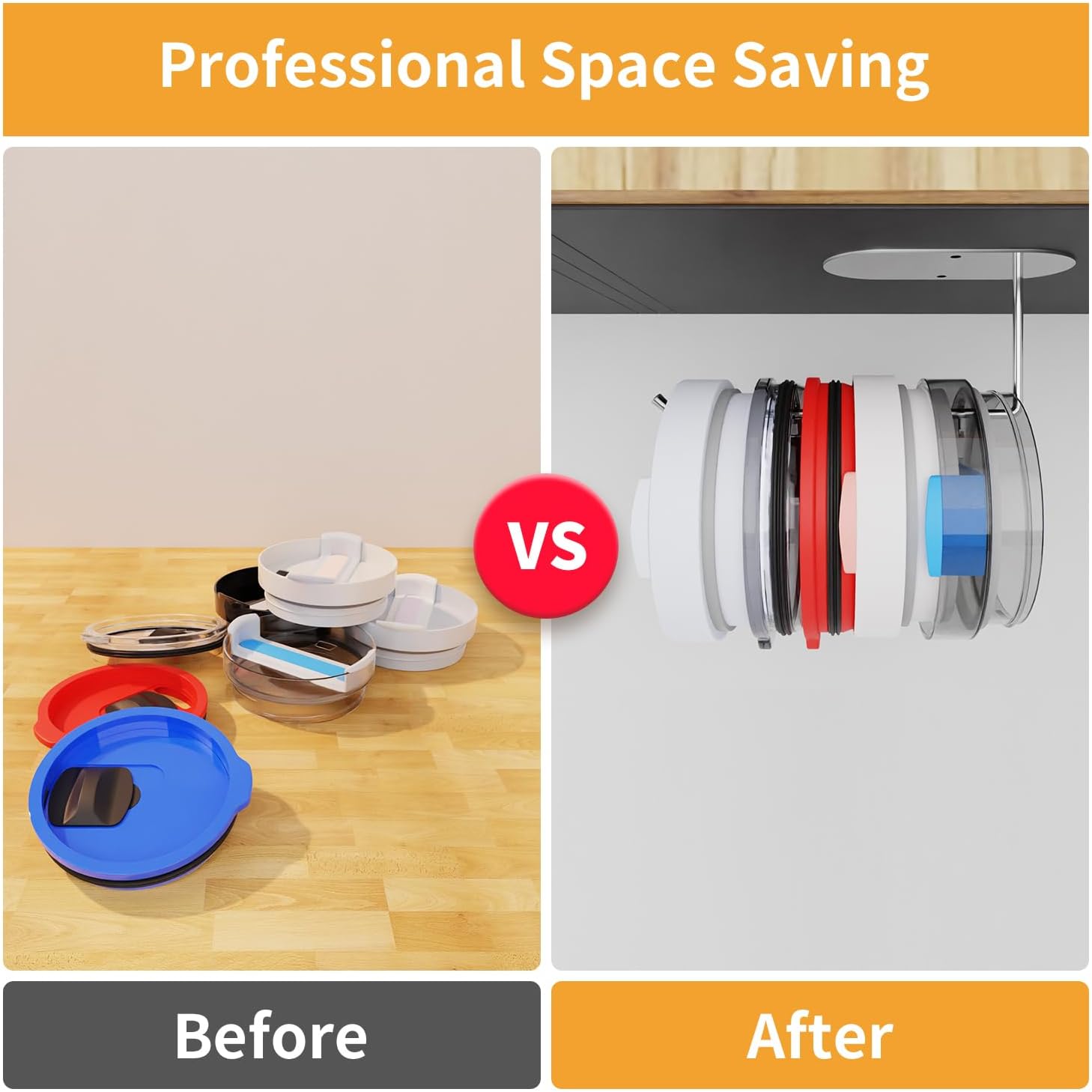 2 Pack Self Adhesive, Space Saving Tumbler Lid Organizer Under Cabinet 