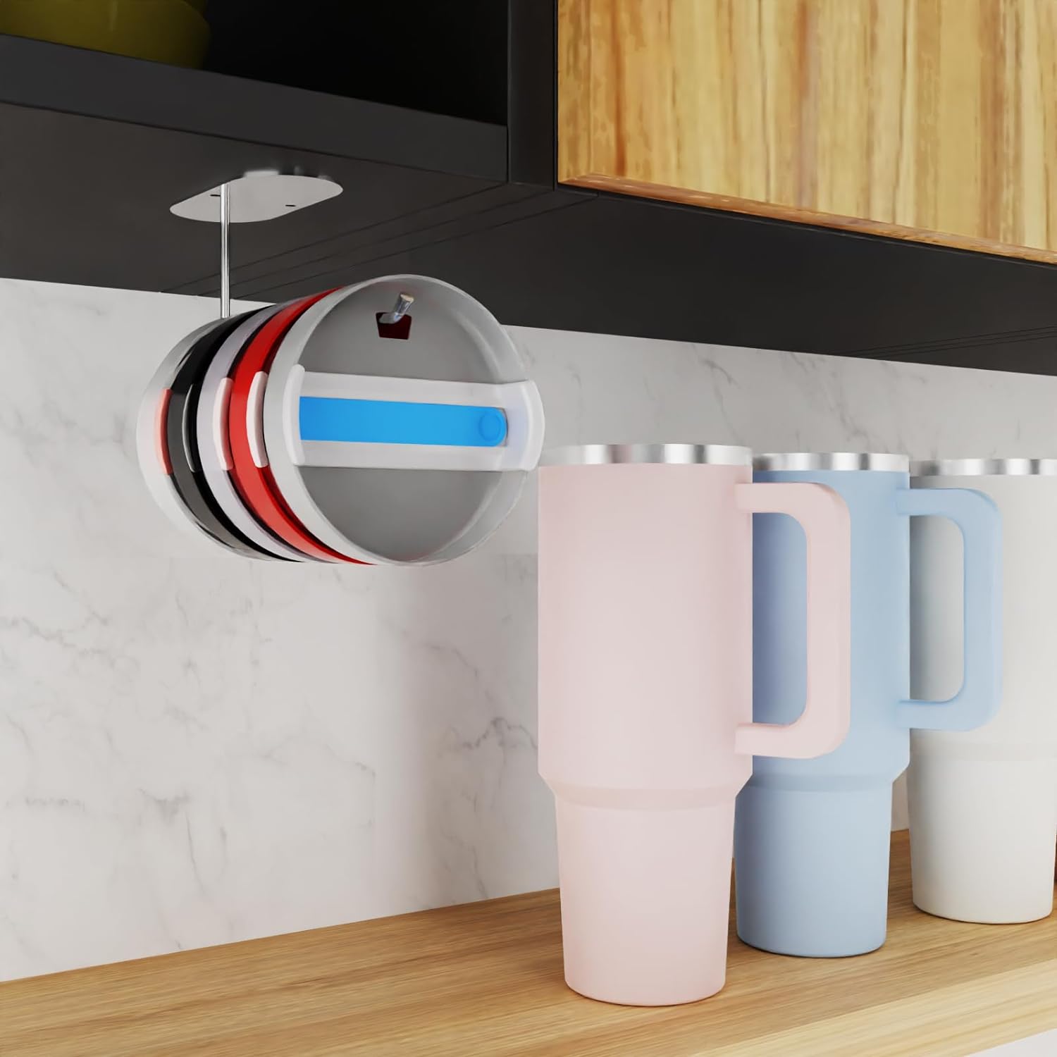 2 Pack Self Adhesive, Space Saving Tumbler Lid Organizer Under Cabinet 
