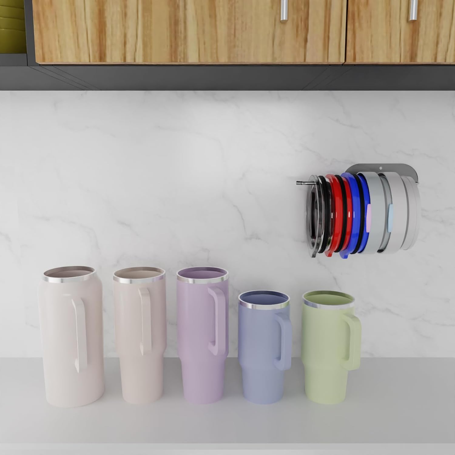 2 Pack Self Adhesive, Space Saving Tumbler Lid Organizer Under Cabinet 