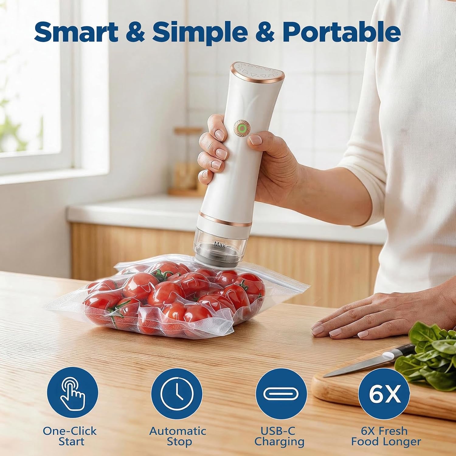 Cordless Handheld Vacuum Sealer – 60kPa Food Saver with Removable Water Tank & 30 Reusable Bags