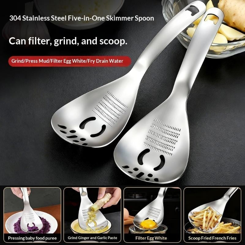 5-in-1 Stainless Steel Cooking Spoon – Garlic & Ginger Grater, Masher & Strainer