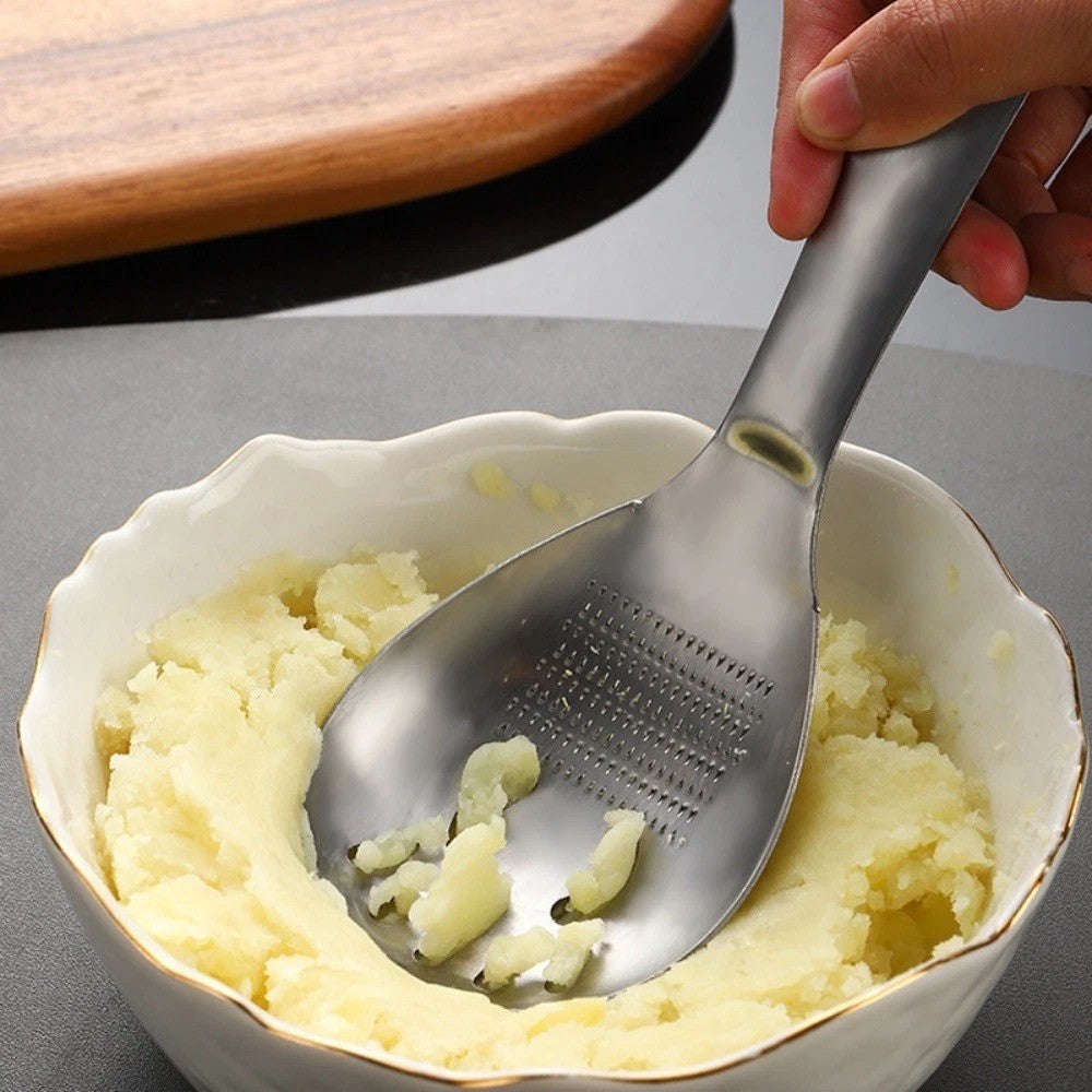 5-in-1 Stainless Steel Cooking Spoon – Garlic & Ginger Grater, Masher & Strainer