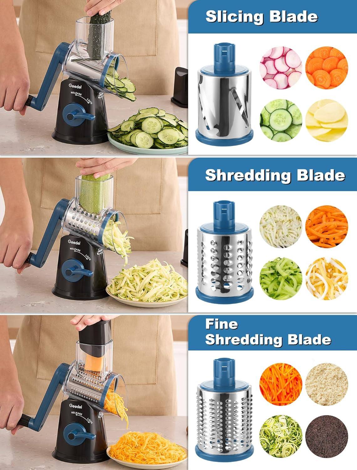 5-In-1 Cheese Grater , Multi-Purpose Vegetable Slicer, Ice Shaver, Nuts Grinder With Handle