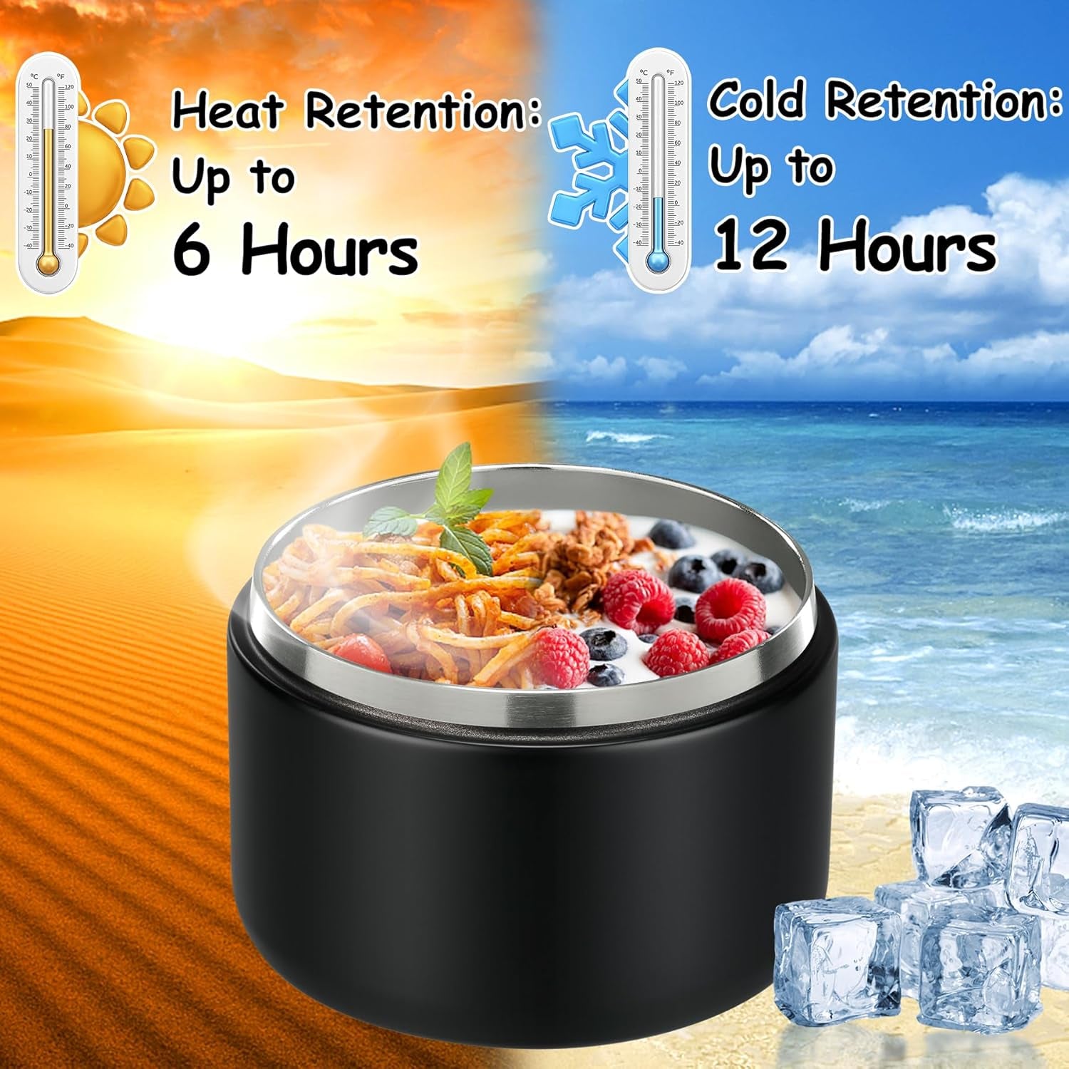 19 oz or 12 oz Insulated Vacuum Food Jar with Buckle Lid Wide Mouth Soup Thermo. Leakproof, Stainless Steel Container