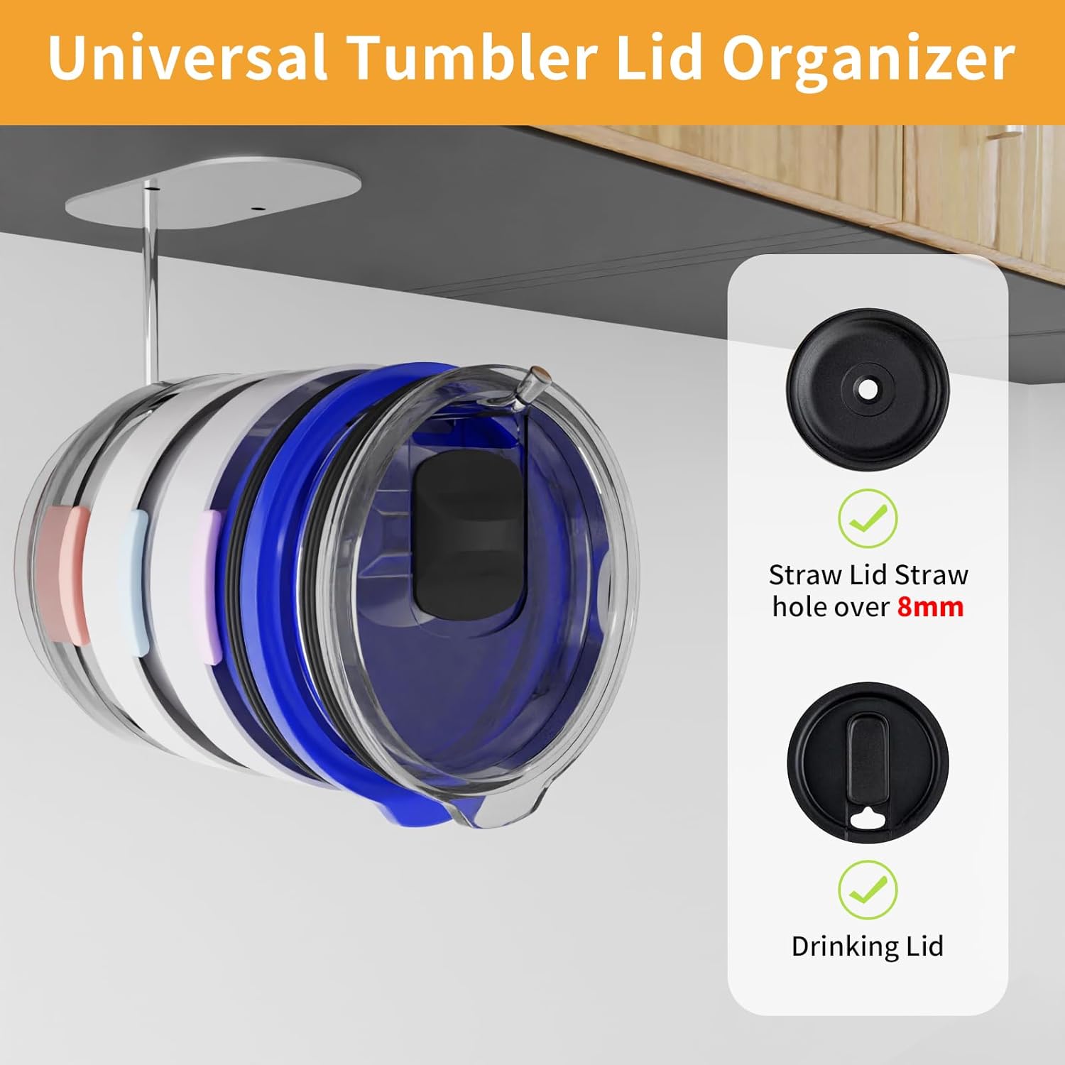 2 Pack Self Adhesive, Space Saving Tumbler Lid Organizer Under Cabinet 