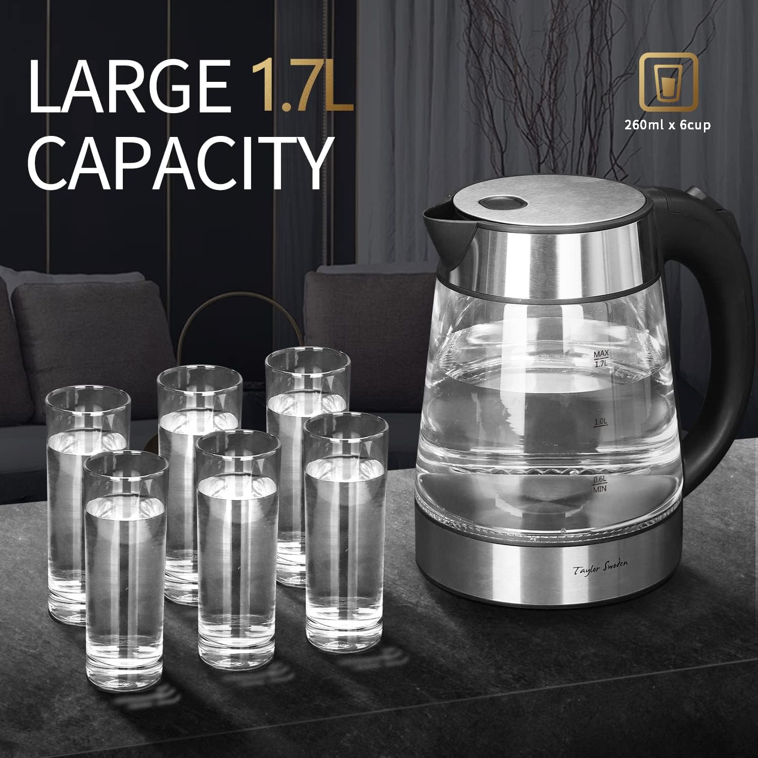 Glass Hot Water Kettle Electric for Tea and Coffee 1.7 Liter Fast Boiling Electric Kettle Cordless Water Boiler with Auto Shutoff & Boil Dry Protection