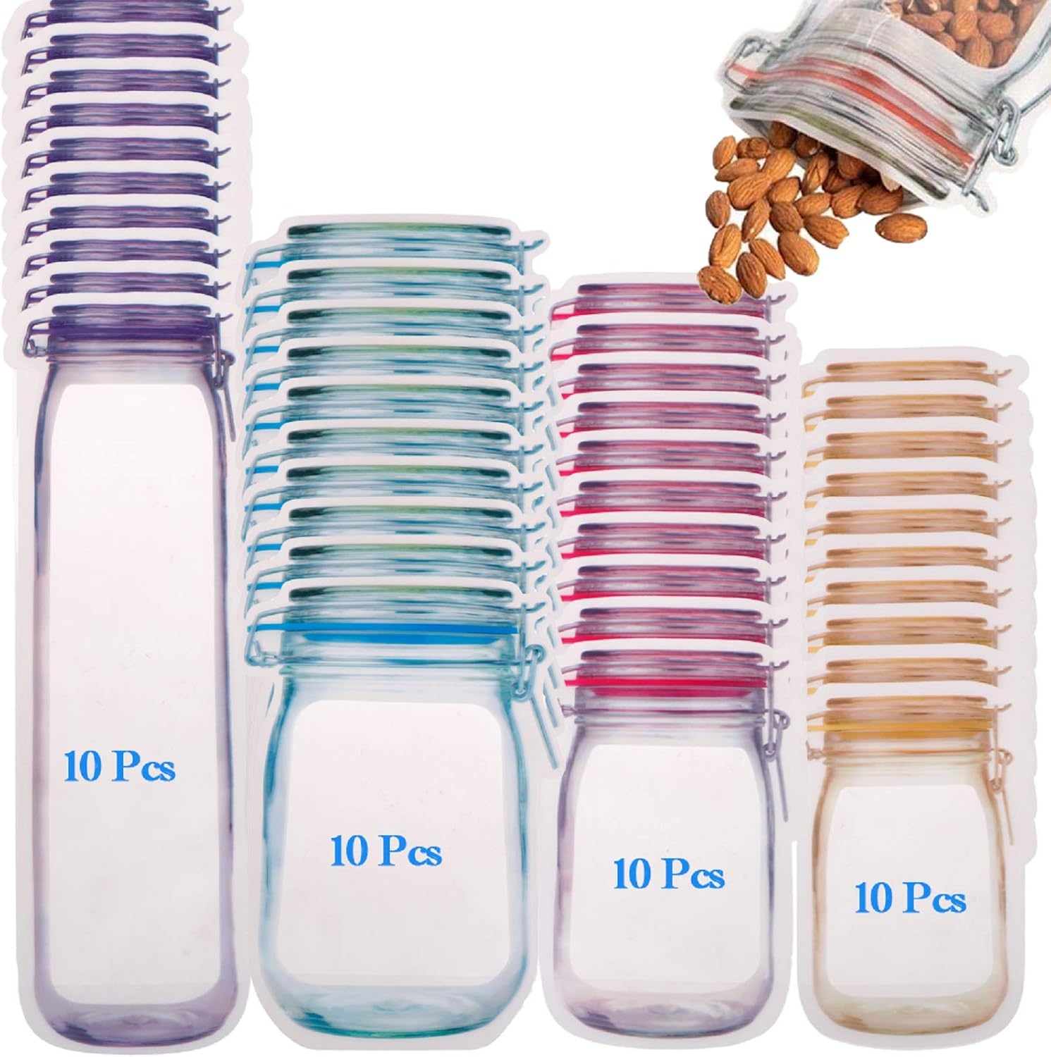 40Pcs Reusable And Leak Proof Mason Jars, Ziplock Bags For Storage