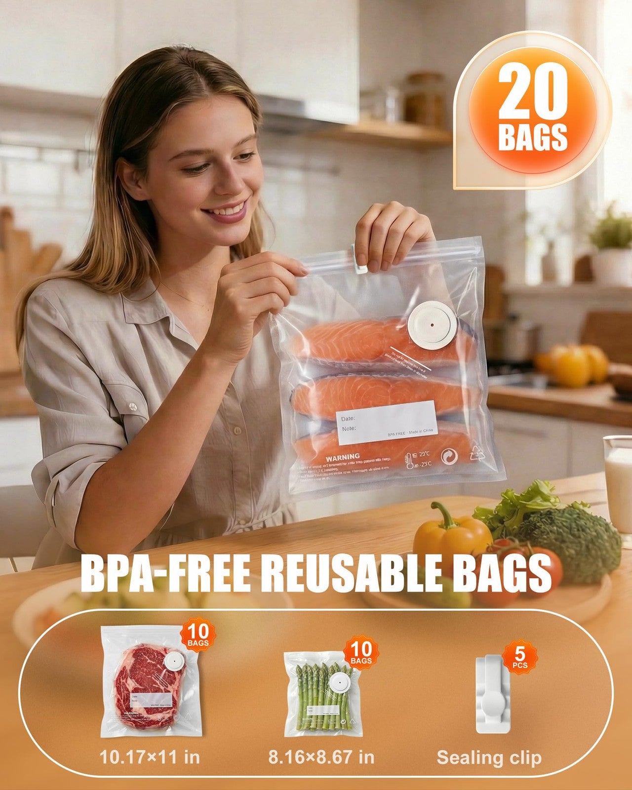 Handheld Vacuum Sealer with 20 Reusable Bags – 60kPa Food Storage Pump