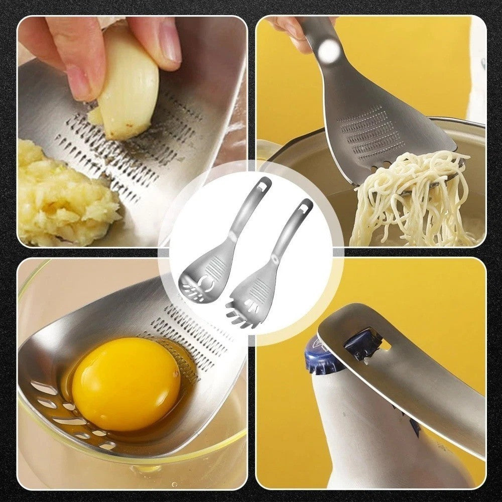 5-in-1 Stainless Steel Cooking Spoon – Garlic & Ginger Grater, Masher & Strainer