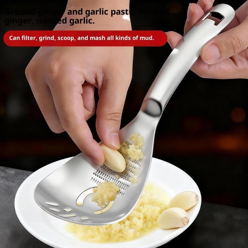 5-in-1 Stainless Steel Cooking Spoon – Garlic & Ginger Grater, Masher & Strainer