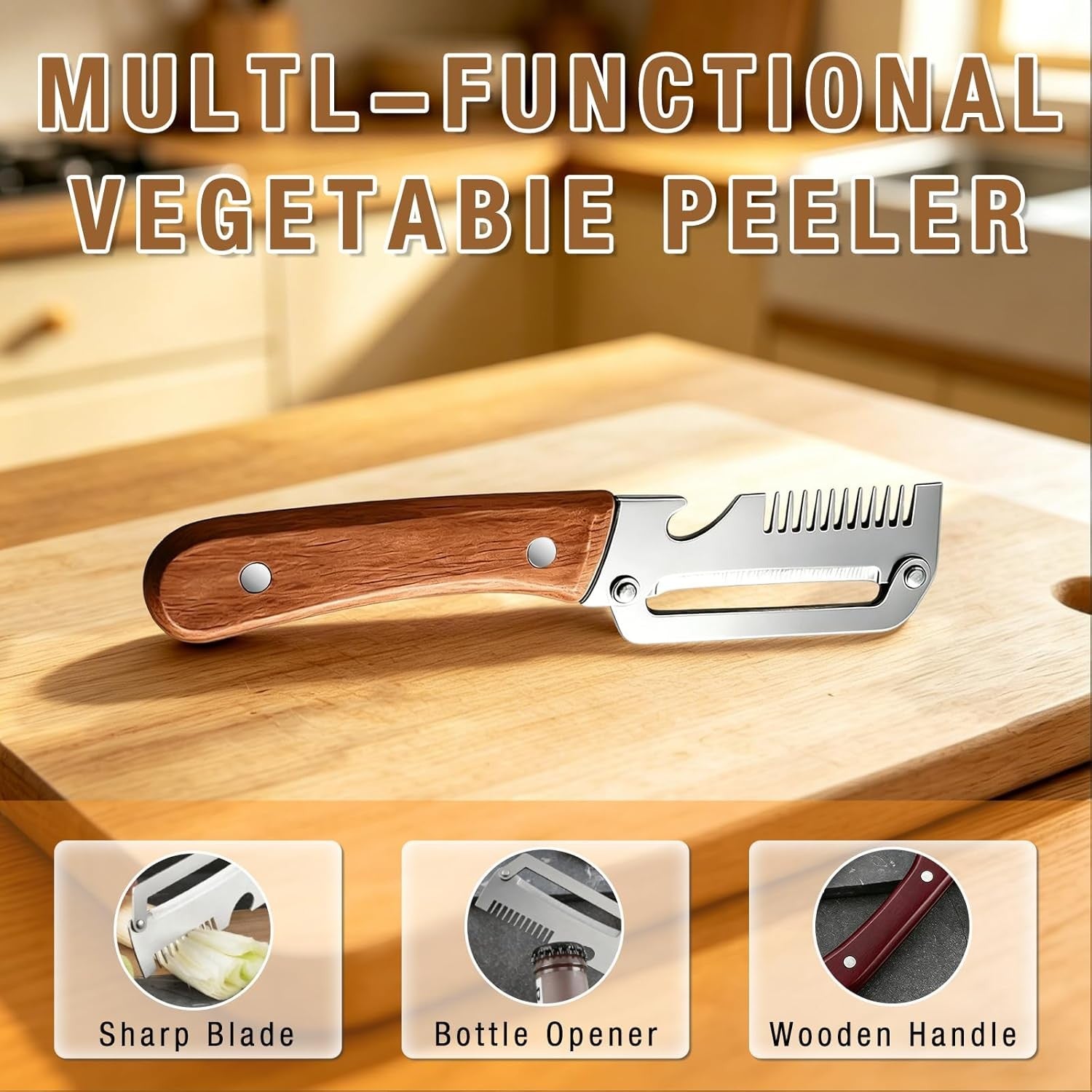 3-in-1 Stainless Steel Vegetable Peeler with Wooden Handle & Bottle Opener