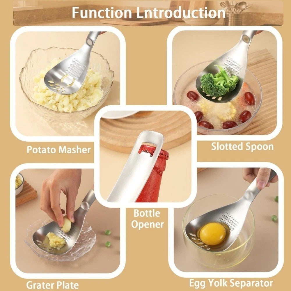 5-in-1 Stainless Steel Cooking Spoon – Garlic & Ginger Grater, Masher & Strainer
