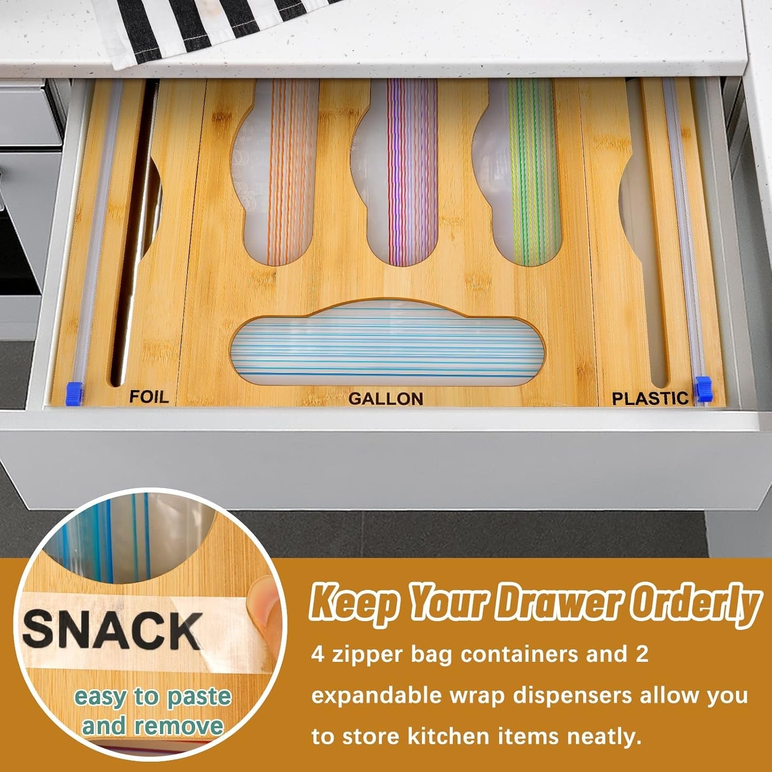 Bamboo Ziplock Bag Organizer with Wrap Dispenser & Cutter – Kitchen Drawer Organizer
