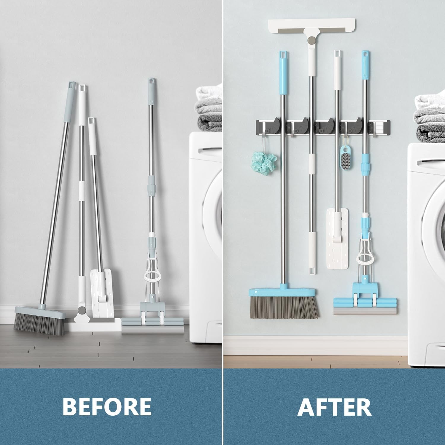 Wall Mount Mop, Broom Holder, Metal Pantry Organization and Storage