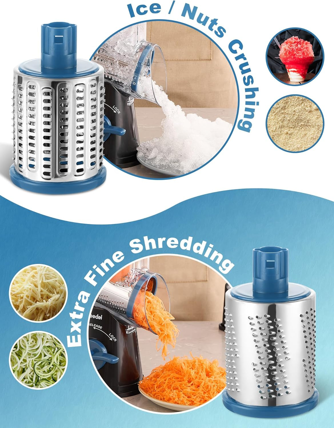 5-In-1 Cheese Grater , Multi-Purpose Vegetable Slicer, Ice Shaver, Nuts Grinder With Handle