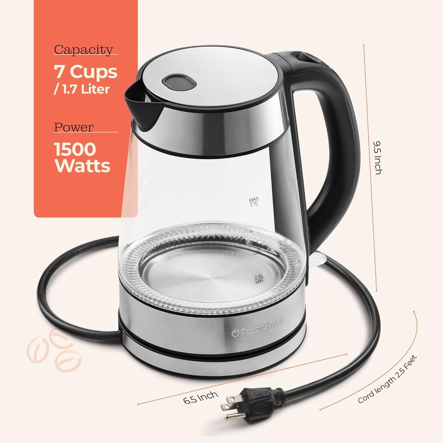 Speed-Boil Electric Kettle for Coffee & Tea - 1.7L Water Boiler 1500W