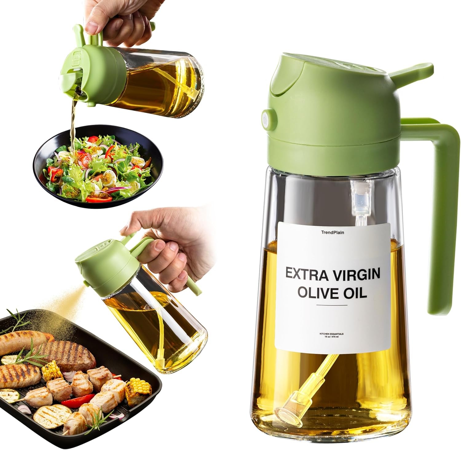 16Oz Oil Dispenser Bottle for Kitchen - 2 in 1 Olive Oil Dispenser and Oil Sprayer - 470Ml Olive Oil Bottle 