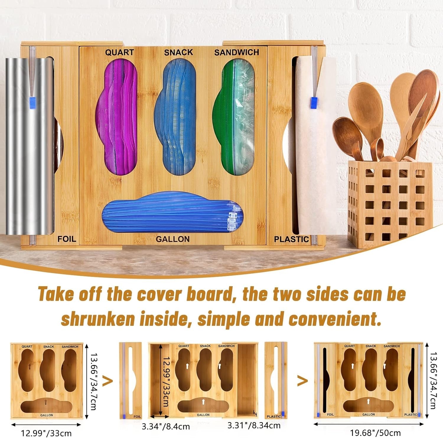 Bamboo Ziplock Bag Organizer with Wrap Dispenser & Cutter – Kitchen Drawer Organizer