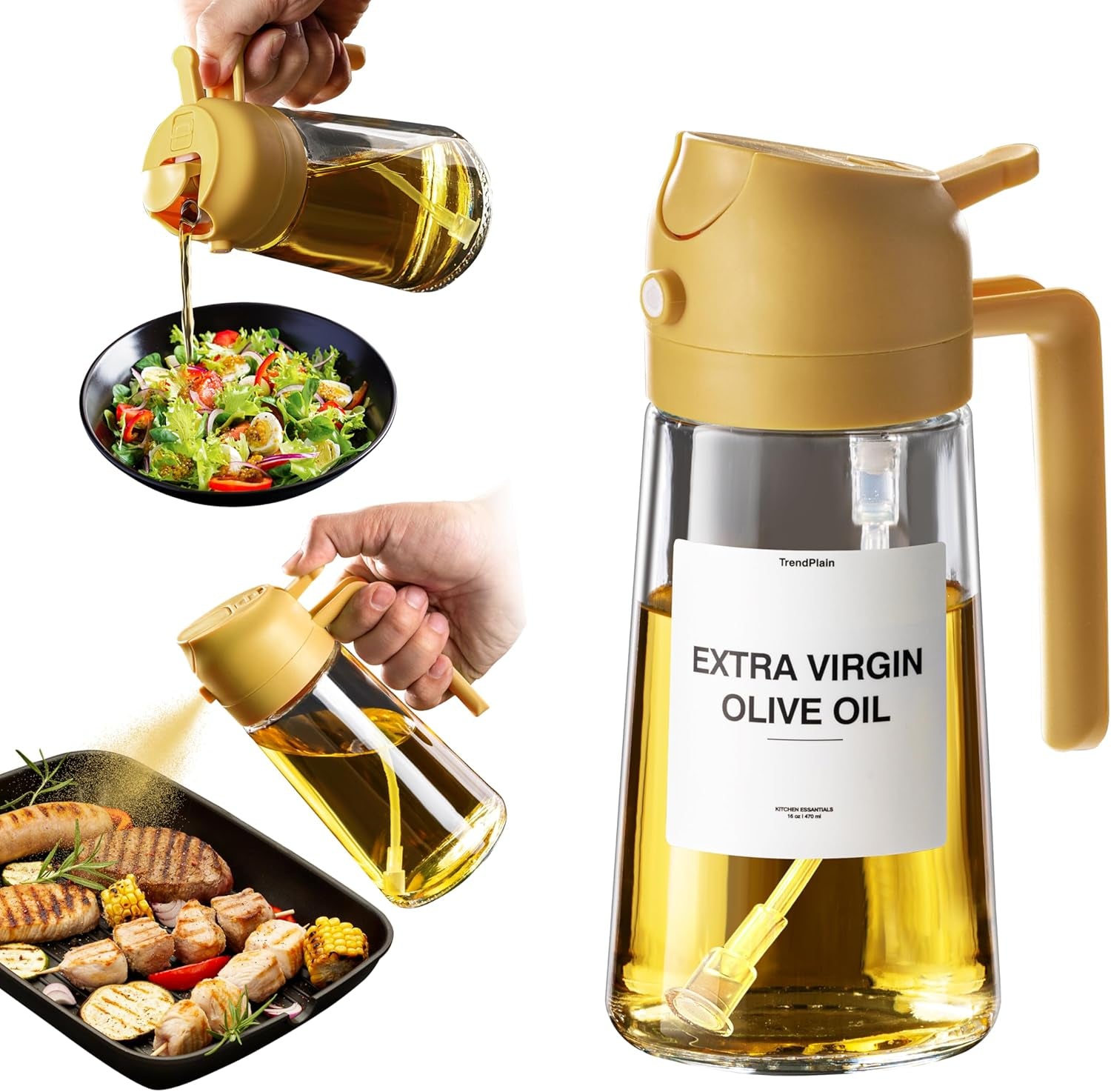 16Oz Oil Dispenser Bottle for Kitchen - 2 in 1 Olive Oil Dispenser and Oil Sprayer - 470Ml Olive Oil Bottle 